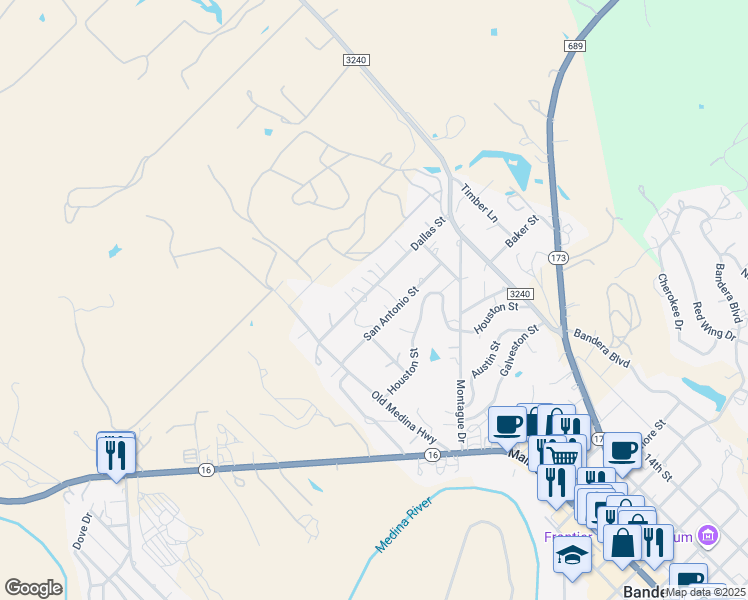 map of restaurants, bars, coffee shops, grocery stores, and more near 280 Dallas Street in Bandera