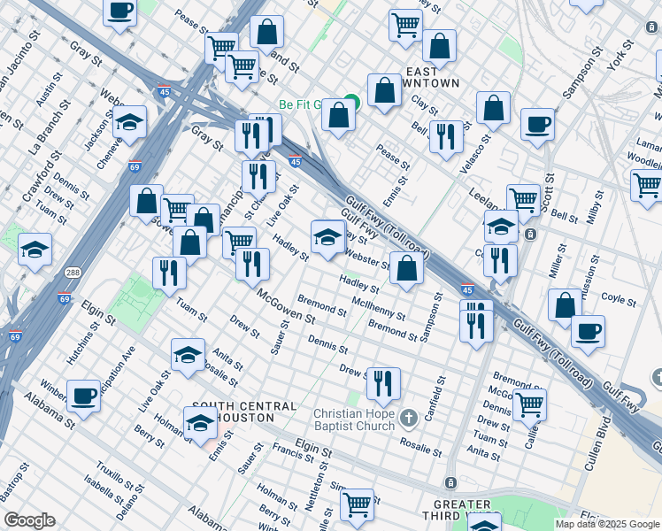 map of restaurants, bars, coffee shops, grocery stores, and more near 3000 Trulley Street in Houston
