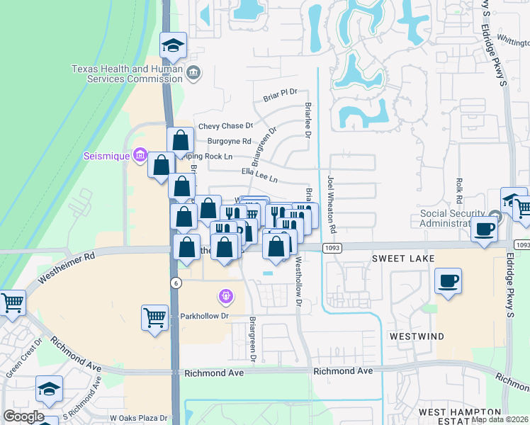 map of restaurants, bars, coffee shops, grocery stores, and more near 14103 Wickersham Lane in Houston
