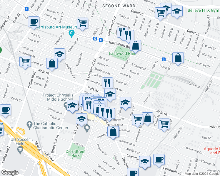 map of restaurants, bars, coffee shops, grocery stores, and more near 1103 Dumble Street in Houston
