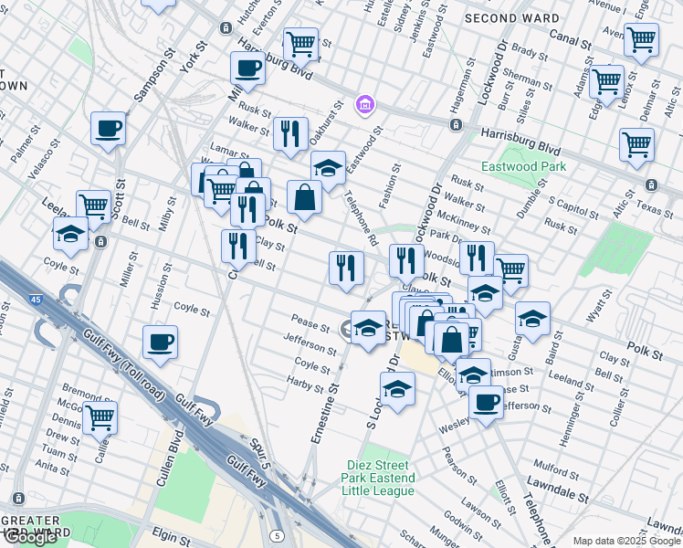map of restaurants, bars, coffee shops, grocery stores, and more near 4428 Clay Street in Houston