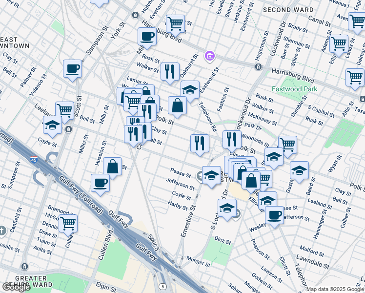map of restaurants, bars, coffee shops, grocery stores, and more near 4341 Bell Street in Houston