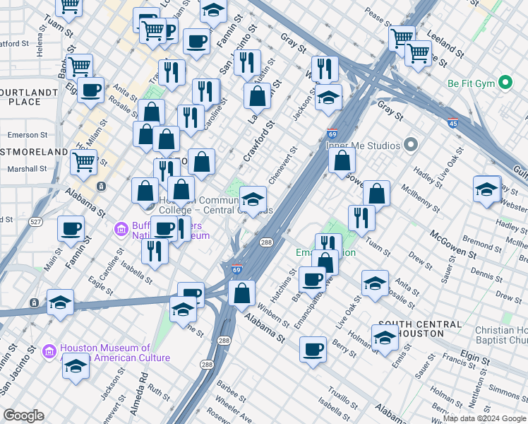 map of restaurants, bars, coffee shops, grocery stores, and more near in Houston