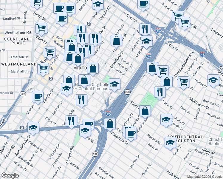 map of restaurants, bars, coffee shops, grocery stores, and more near in Houston