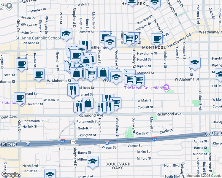 map of restaurants, bars, coffee shops, grocery stores, and more near 1831 Sul Ross Street in Houston