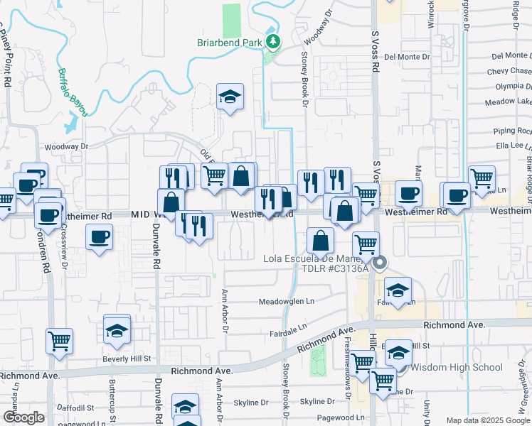 map of restaurants, bars, coffee shops, grocery stores, and more near 7937 Westheimer Road in Houston