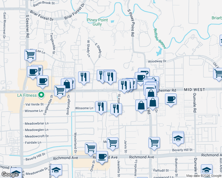 map of restaurants, bars, coffee shops, grocery stores, and more near 9292 Westheimer Road in Houston