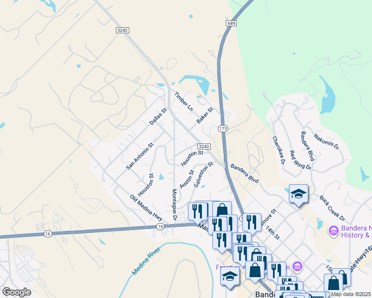 map of restaurants, bars, coffee shops, grocery stores, and more near 167 Beaumont Street in Bandera