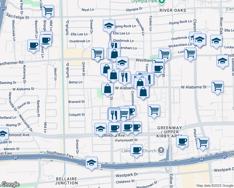 map of restaurants, bars, coffee shops, grocery stores, and more near 3015 Weslayan Street in Houston