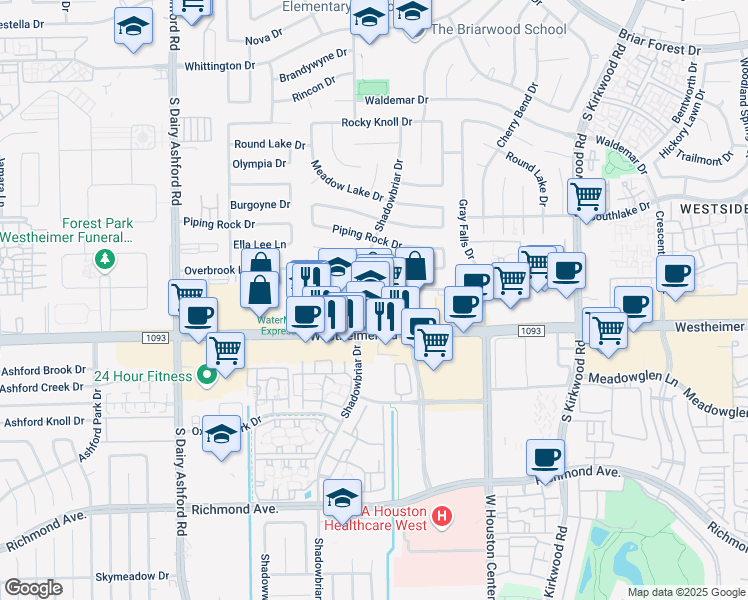 map of restaurants, bars, coffee shops, grocery stores, and more near 12288 Westheimer Road in Houston