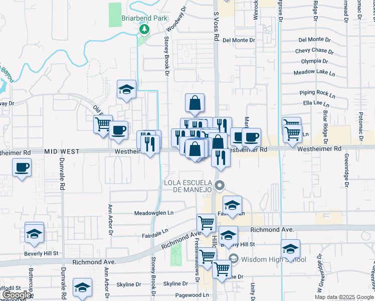 map of restaurants, bars, coffee shops, grocery stores, and more near 7691 Westheimer Road in Houston