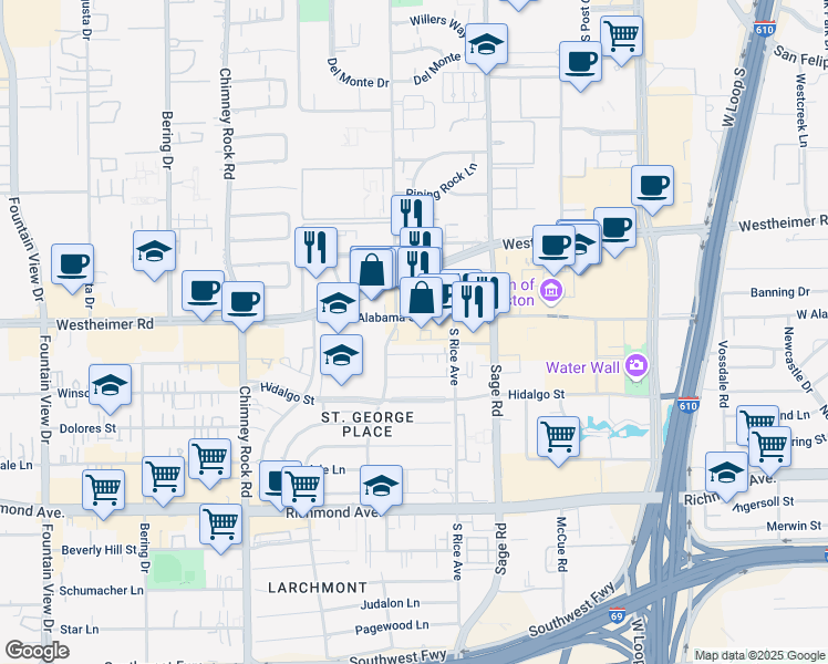 map of restaurants, bars, coffee shops, grocery stores, and more near 5373 West Alabama Street in Houston