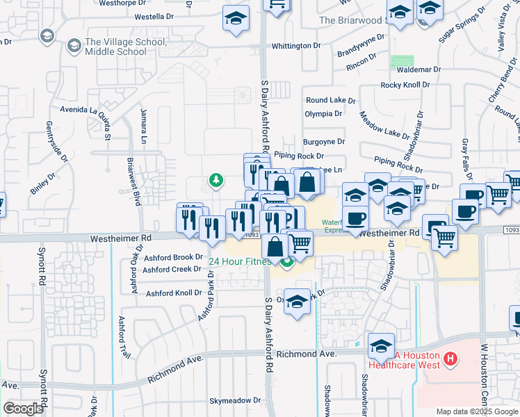 map of restaurants, bars, coffee shops, grocery stores, and more near 2540 S Dairy Ashford St in Houston