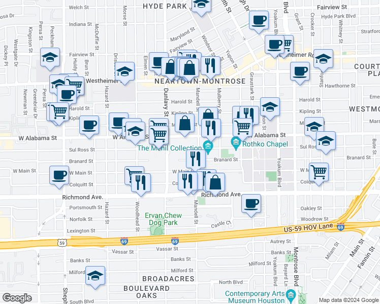 map of restaurants, bars, coffee shops, grocery stores, and more near 1615 Sul Ross Street in Houston