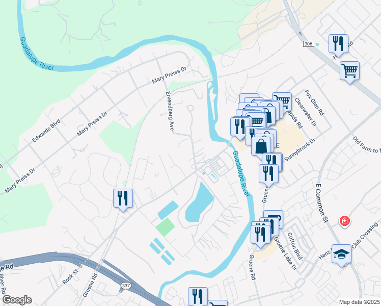 map of restaurants, bars, coffee shops, grocery stores, and more near 1235 Ervendberg Avenue in New Braunfels