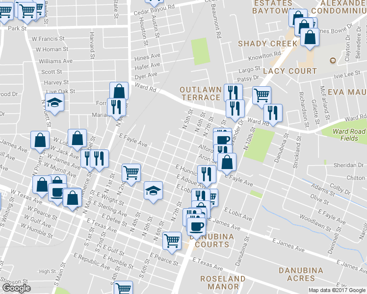 map of restaurants, bars, coffee shops, grocery stores, and more near 504 Aron St in Baytown