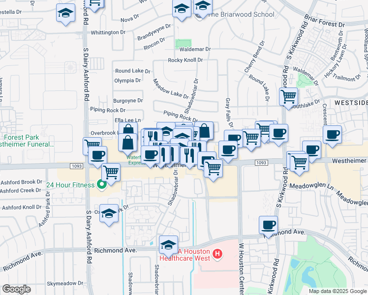 map of restaurants, bars, coffee shops, grocery stores, and more near 12288 Westheimer Road in Houston