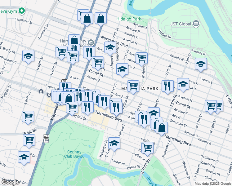 map of restaurants, bars, coffee shops, grocery stores, and more near 7117 Avenue E in Houston