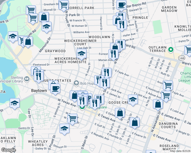 map of restaurants, bars, coffee shops, grocery stores, and more near 210 West Lobit Avenue in Baytown