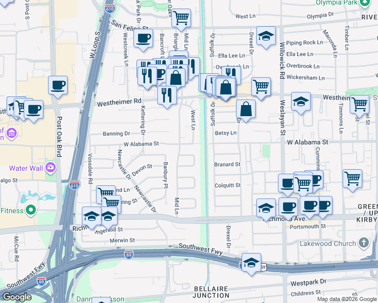 map of restaurants, bars, coffee shops, grocery stores, and more near 8 Lana Lane in Houston
