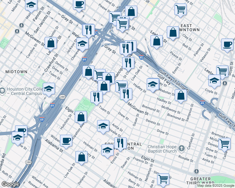 map of restaurants, bars, coffee shops, grocery stores, and more near 2511 McGowen Street in Houston