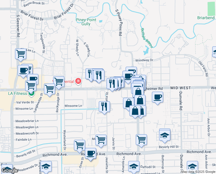 map of restaurants, bars, coffee shops, grocery stores, and more near in Houston
