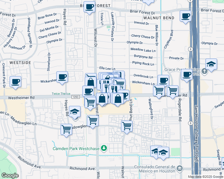 map of restaurants, bars, coffee shops, grocery stores, and more near 10944 Westheimer Road in Houston