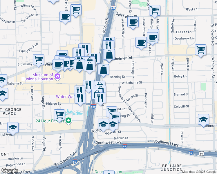 map of restaurants, bars, coffee shops, grocery stores, and more near 4727 West Alabama Street in Houston