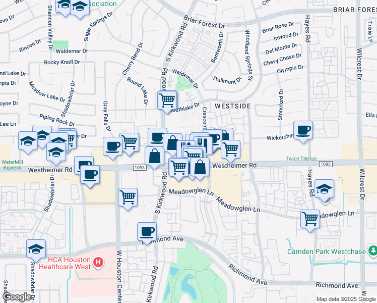 map of restaurants, bars, coffee shops, grocery stores, and more near 11770 Westheimer Road in Houston