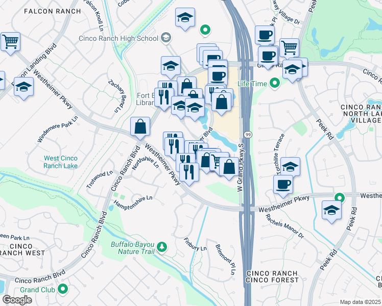 map of restaurants, bars, coffee shops, grocery stores, and more near 2856 Commercial Center Boulevard in Katy