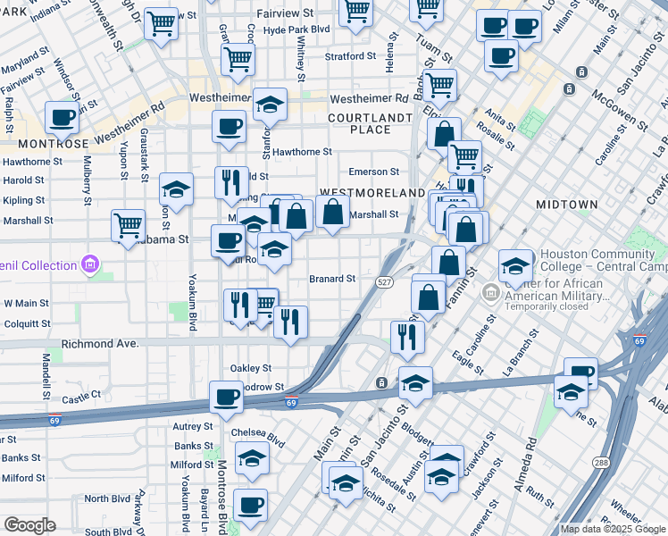 map of restaurants, bars, coffee shops, grocery stores, and more near 414 Branard Street in Houston