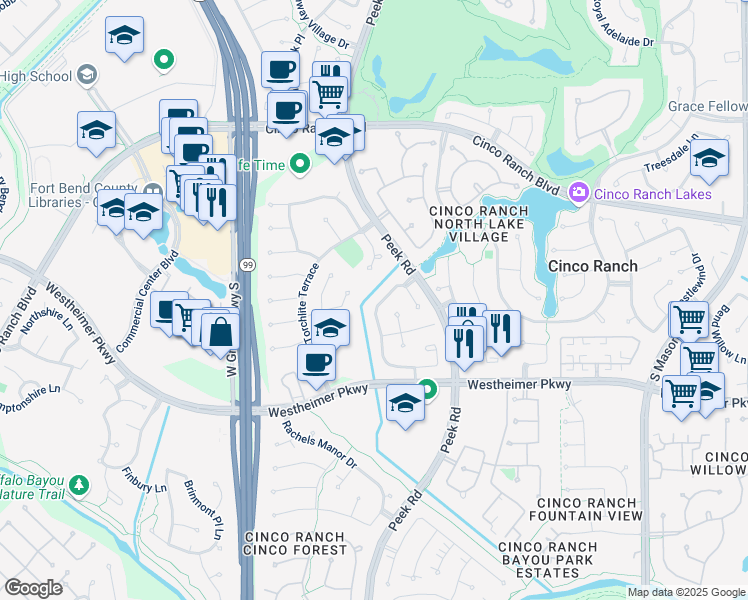 map of restaurants, bars, coffee shops, grocery stores, and more near 3234 Brinton Trails Lane in Katy