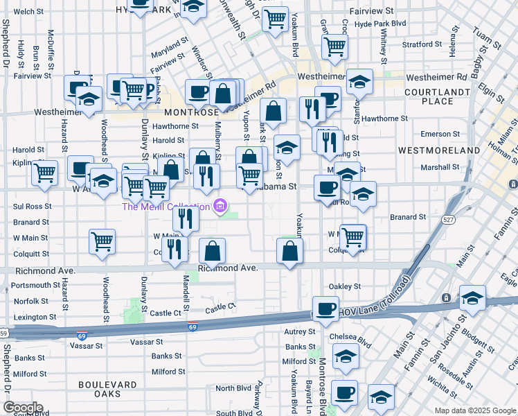 map of restaurants, bars, coffee shops, grocery stores, and more near 1303 Sul Ross Street in Houston