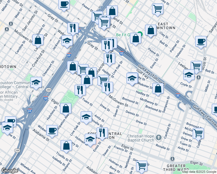 map of restaurants, bars, coffee shops, grocery stores, and more near 2610 McIlhenny Street in Houston