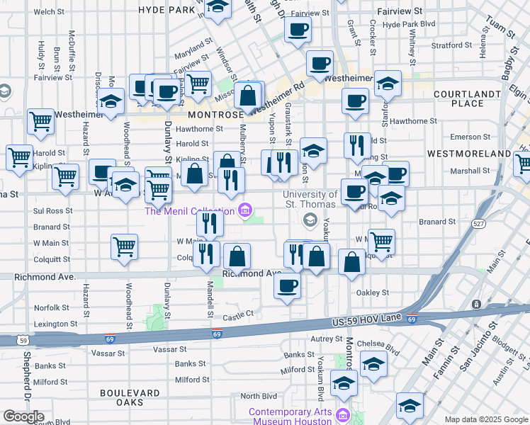map of restaurants, bars, coffee shops, grocery stores, and more near 3900 Yupon Street in Houston