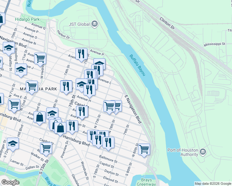 map of restaurants, bars, coffee shops, grocery stores, and more near 7726 Avenue K in Houston