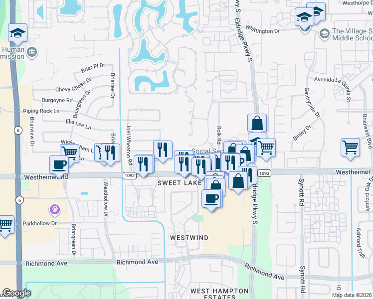map of restaurants, bars, coffee shops, grocery stores, and more near 2439 Camden Creek Lane in Houston