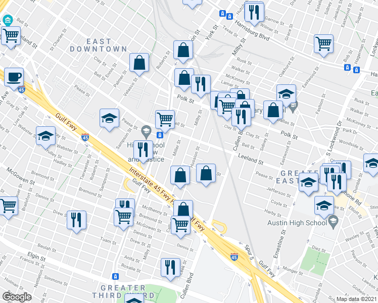 map of restaurants, bars, coffee shops, grocery stores, and more near 1704 Hussion Street in Houston