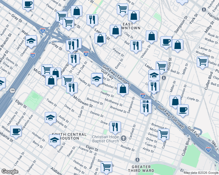 map of restaurants, bars, coffee shops, grocery stores, and more near 3130 Webster Street in Houston