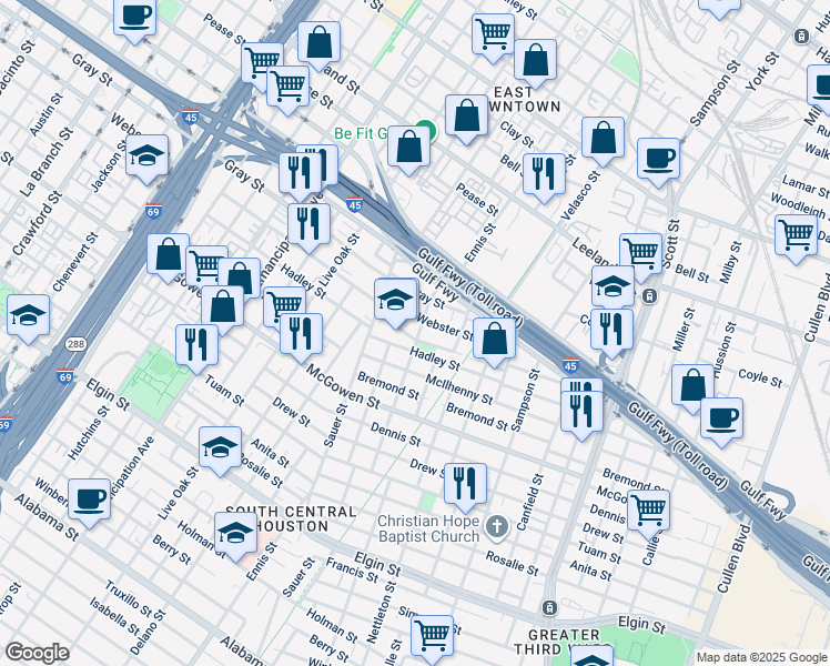 map of restaurants, bars, coffee shops, grocery stores, and more near 3035 Trulley Street in Houston