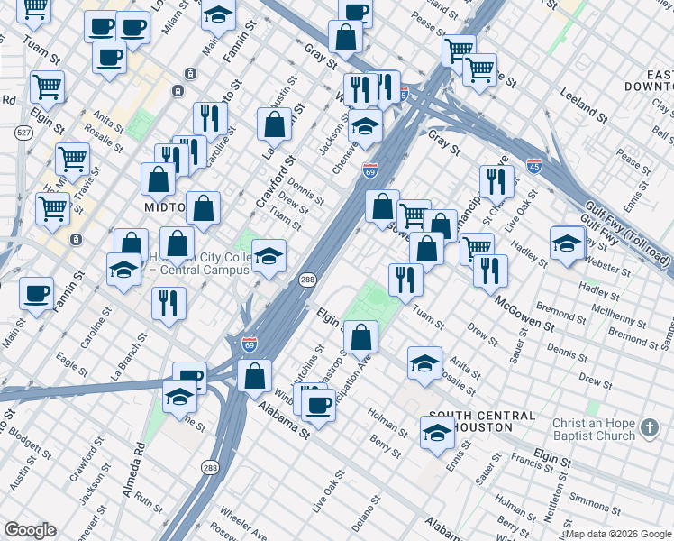 map of restaurants, bars, coffee shops, grocery stores, and more near 2911 Chartres Street in Houston