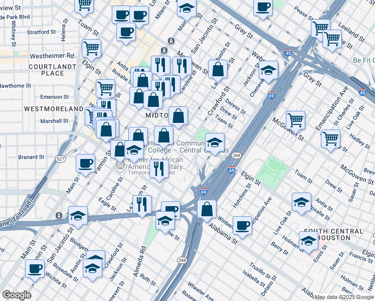 map of restaurants, bars, coffee shops, grocery stores, and more near 3318 Crawford Street in Houston