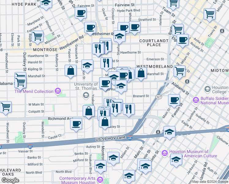 map of restaurants, bars, coffee shops, grocery stores, and more near 811 Sul Ross Street in Houston