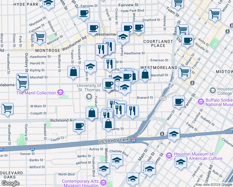 map of restaurants, bars, coffee shops, grocery stores, and more near 811 Sul Ross Street in Houston