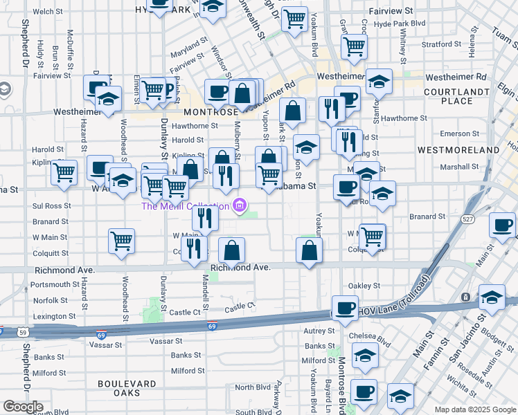 map of restaurants, bars, coffee shops, grocery stores, and more near 1303 Sul Ross Street in Houston