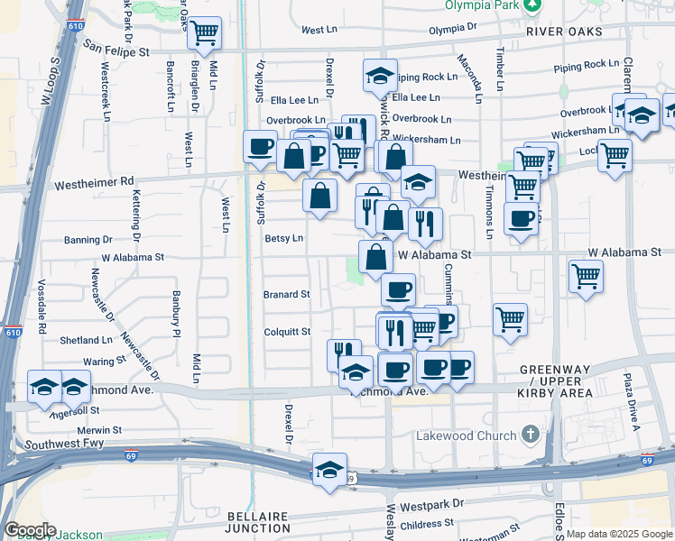 map of restaurants, bars, coffee shops, grocery stores, and more near 3924 West Alabama Street in Houston