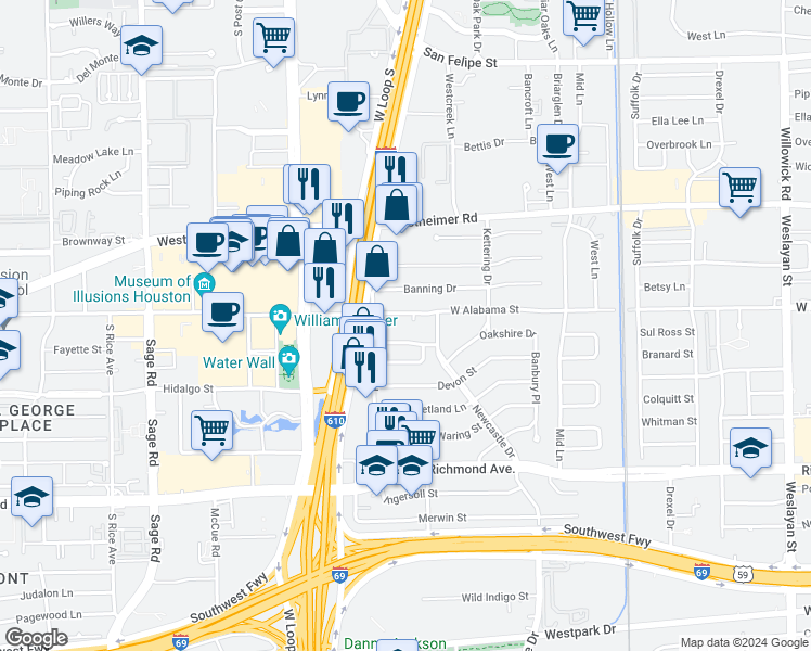 map of restaurants, bars, coffee shops, grocery stores, and more near 4727 West Alabama Street in Houston