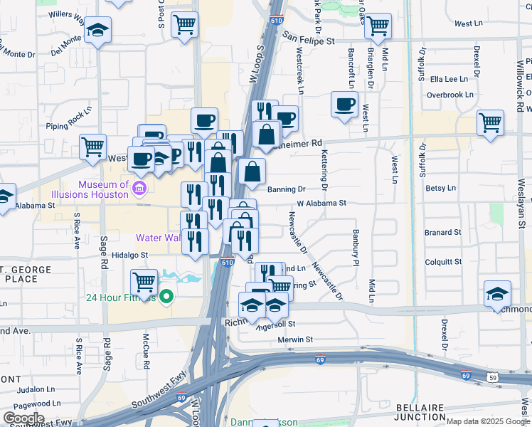 map of restaurants, bars, coffee shops, grocery stores, and more near 4727 West Alabama Street in Houston