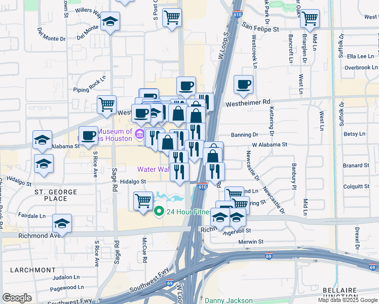map of restaurants, bars, coffee shops, grocery stores, and more near 2801 Post Oak Boulevard in Houston