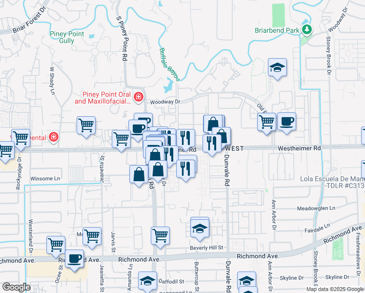 map of restaurants, bars, coffee shops, grocery stores, and more near in Houston